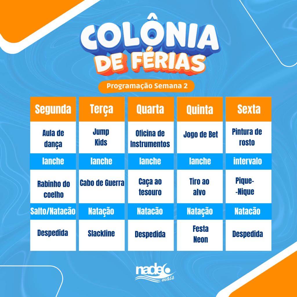 Programação Colônia de férias Brasília DF